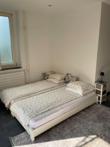 two twin beds in a room with a window at 1-room studio apartment in St. Gallen