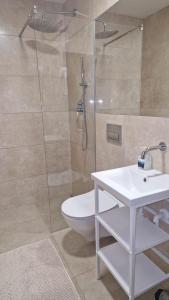 a bathroom with a shower and a toilet and a sink at Wojska Polskiego 18 in Braniewo +16 photos