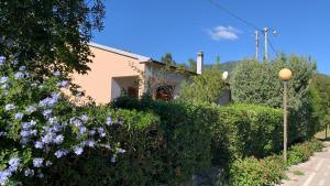 une maison avec des buissons et des fleurs devant dans l'établissement Villino La Pergola, à Marina di Campo Airport