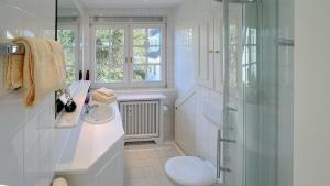 a bathroom with a toilet and a sink and a shower at Heefwai in Morsum