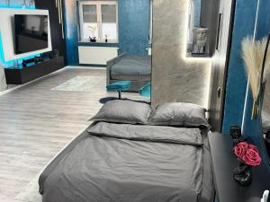 a room with two beds and a television in it at Modern luxury apartment in Koblenz in Koblenz