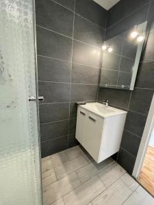 Un baño con lavabo blanco y ducha. en SEA FRONT Newly designed apartment,, en Saint-Valéry-en-Caux