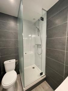 Un baño con inodoro y ducha de cristal. en SEA FRONT Newly designed apartment,, en Saint-Valéry-en-Caux 14 fotos más