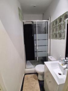 Duplex Climatisé 2chambres Centre Historique في فريجوس: حمام مع دش ومرحاض ومغسلة