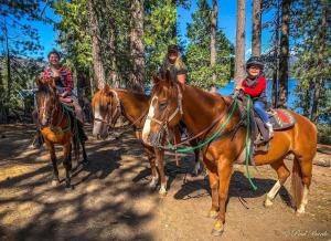 a group of people riding horses in the woods at The Cedar House Prime Spot Kayaks & Cool Ac in Shaver Lake