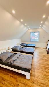 three beds are lined up in a room at Ferienwohnungen Luitpold - Boutique Apartments in Dinkelsbühl