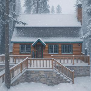 a log cabin in the snow with a snow covered roof at The Stew Cabin Cozy Escape Fireside Memories in Shaver Lake