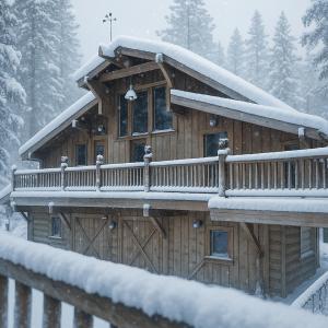 una cabaña de troncos con nieve en el techo en Waterfall Lodge Yellowstone Vibes Ac Space, en Shaver Lake