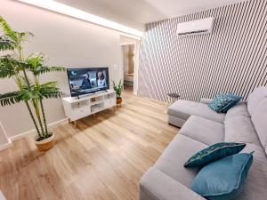 a living room with a couch and a tv at Black Sand Cozy Apartment in Livramento