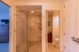 a glass shower in a bathroom with a toilet at Chetola: Holly 4 in Blowing Rock +25 photos