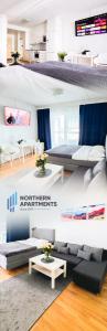 a living room with a couch and a table at City center brand new studio, parking in Oulu