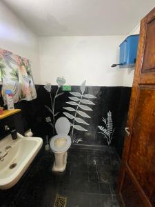 a bathroom with a white toilet and a sink at Casitadelavid in Capilla del Monte