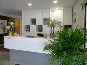 a lobby with a white counter and some plants at Rußmann Hotel & Living in Goldbach
