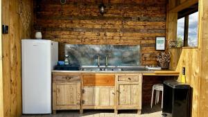 a kitchen with a sink and a refrigerator at Brambles Glamping in Bengeworth