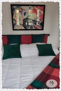 a large bed with green and red pillows on it at Appartement 3 chambres à la Ferté Saint Cyr in La Ferté-Saint-Cyr +3 photos