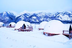 a row of domes in the snow with mountains in the background at Tammah Jackson Hole in Wilson