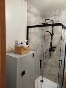 a bathroom with a shower with a basket on a cabinet at Apartament Lawendowy in Wieliszew +17 photos