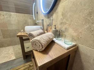 ein Badezimmer mit einem Waschbecken und einer Theke mit Handtüchern in der Unterkunft Chalet 4 6 Pers Climatisation Proche St Francois in Saint-Martin-sur-le-Chambre