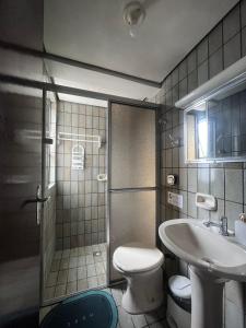 a bathroom with a toilet and a sink and a shower at Abdon Batista - Apto completo central, Smart TV in Joinville