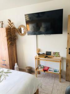 a bedroom with a flat screen tv on a wall at B&B - Privé Wellness Moonlight in Brakel +18 photos
