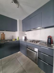 a kitchen with stainless steel appliances and blue cabinets at Se Arrienda Hermoso Departamento con vista al mar in Viña del Mar