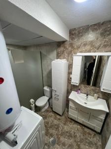 a bathroom with a sink and a toilet and a mirror at Luxury home in the city centre in Prilep