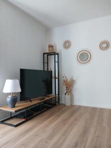 a living room with a flat screen tv on a table at La maison bleue-Urbès in Urbès