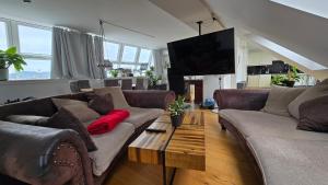 a living room with two couches and a coffee table at Best Penthouse in Vienna, 7min to 1st district in Vienna +36 photos