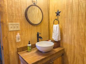 une salle de bain avec un lavabo et un miroir dans l'établissement Tiny Log Cabin near Fossil Rim | Countryside Views, à Glen Rose 35 autres photos