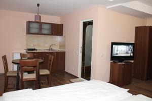 a room with a bed and a kitchen and a television at Center Guest House in Sapareva Banya