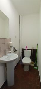 a bathroom with a white toilet and a sink at БіднийЗаяць in Lebedevka