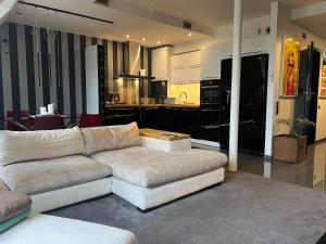 a living room with a couch and a kitchen at Apartament Stare Miasto Rynek Sienny in Szczecin
