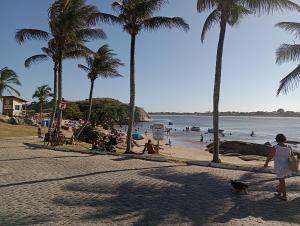 a woman walking a dog on a beach with palm trees at Casa aconchegante na praia in Cabo Frio