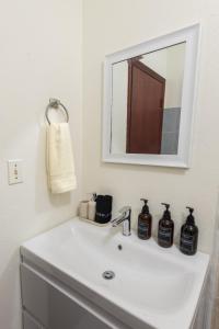 a bathroom with a white sink with a mirror at Coconut Haven in East End Village