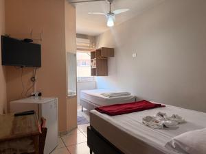 a small room with two beds and a television at Hotel Izaura Centro Comercial Juruaia in Juruaia