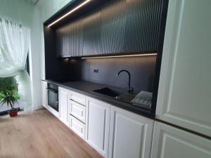 eine Küche mit Spüle und Arbeitsplatte in der Unterkunft White Silk - Premium Apartment with free underground parking in Iaşi