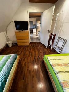a living room with two beds and a television at Zentrales Apartment in Würzburg-Heidingsfeld in Würzburg