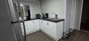 una cocina con fregadero y microondas en contenedor estudio, en Tilarán 1 foto más