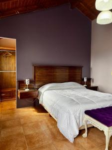 una camera da letto con un letto grande e una parete blu di Departamento familiar! excelente ubicación a El Calafate