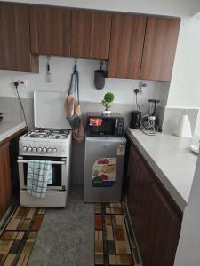 a small kitchen with a stove and a microwave at Hami Ventures in Kisumu