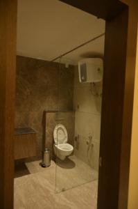 a bathroom with a toilet and a glass door at Diesel inn hotel in Hanumāngarh