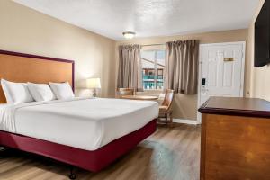 メスキートにあるVirgin River Casino and Lodgeの大きなベッドと机があるホテルの部屋