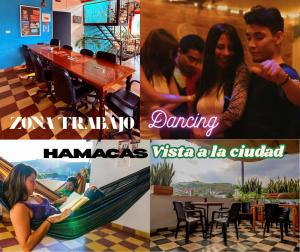 a collage of photos of a restaurant with a woman in a hammock at Havana Dance School & Hostel in Cali