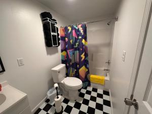 un baño con inodoro y ducha en 80s & 90s Apt with Mario Loft, en Lake Catherine