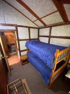 Un dormitorio con una cama azul en una habitación. en Los ulmos de ralun logde, en Ralún
