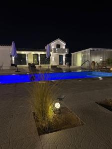 艾恩Deem view的夜晚的游泳池,灯光蓝色