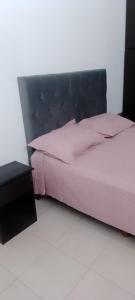 a bedroom with a pink bed with a black headboard at Departamento luminoso y amplio in San Antonio de Areco
