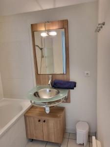 a bathroom with a sink and a mirror and a tub at Havre de paix à Azay-le-Rideau - piscine chauffée in Azay-le-Rideau
