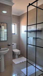 a bathroom with a toilet and a sink and a mirror at The Pebbles in Mahikeng +3 photos