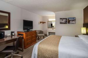 フォートウェインにあるThree Rivers Motelのベッドと机とテレビがあるホテルの部屋